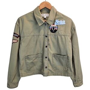 Idyllwind Womens Boho Cotton Patchwork Military Snap Jacket Small Green Khaki